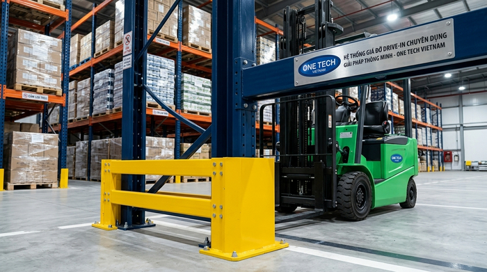 Bảo vệ chân trụ kệ drive in khi xe nâng vận hành Ốp bảo vệ chân trụ kệ drive in giảm va chạm xe nâng