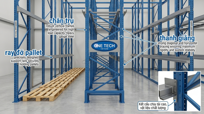 Cấu tạo hệ thống kệ drive in An Giang Cấu tạo kệ drive in An Giang gồm chân trụ ray đỡ và thanh giằng