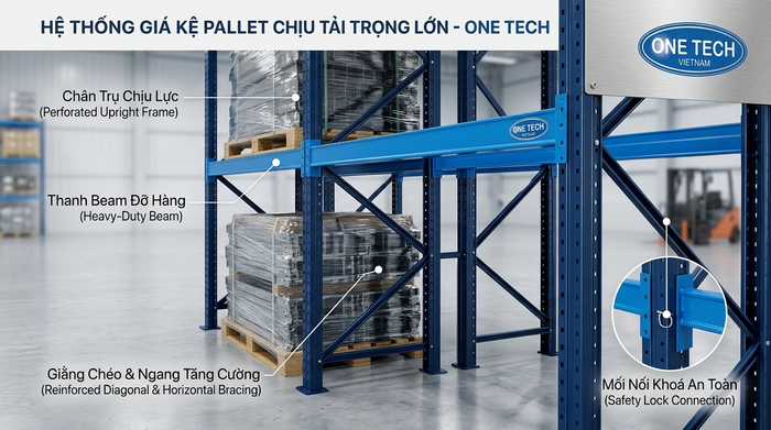 Cấu tạo kệ pallet chịu tải nặng Cấu tạo kệ pallet chịu tải nặng gồm chân trụ thanh beam và giằng