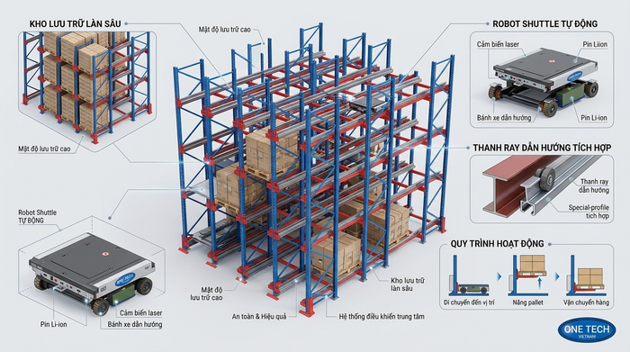 Cấu tạo kệ Radio Shuttle gồm khung kệ ray dẫn hướng robot và pallet