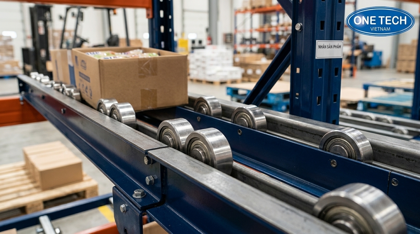Chi tiết con lăn kệ Flow racks Chi tiết con lăn và thanh dẫn hướng của kệ Flow racks An Giang
