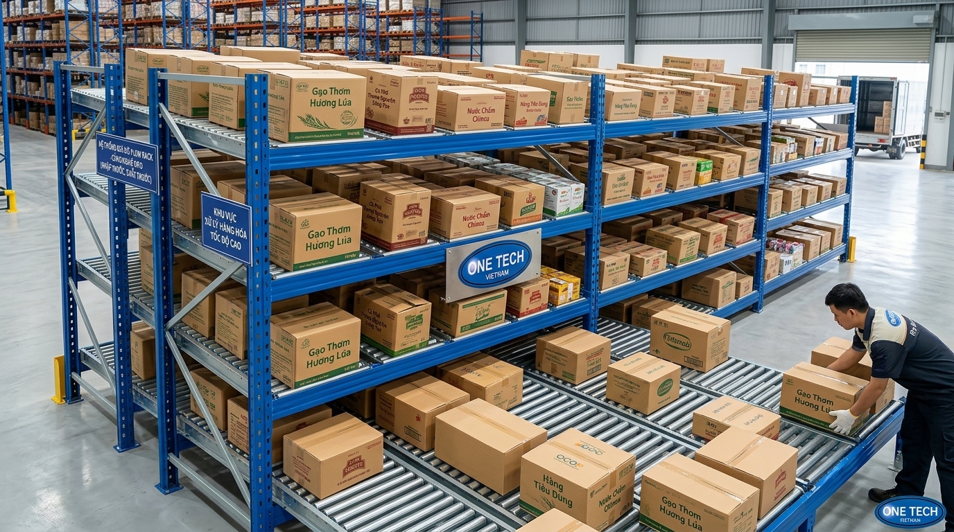 Kệ Flow racks An Giang cơ chế con lăn FIFO Kệ Flow racks An Giang vận hành bằng ray con lăn theo nguyên tắc FIFO