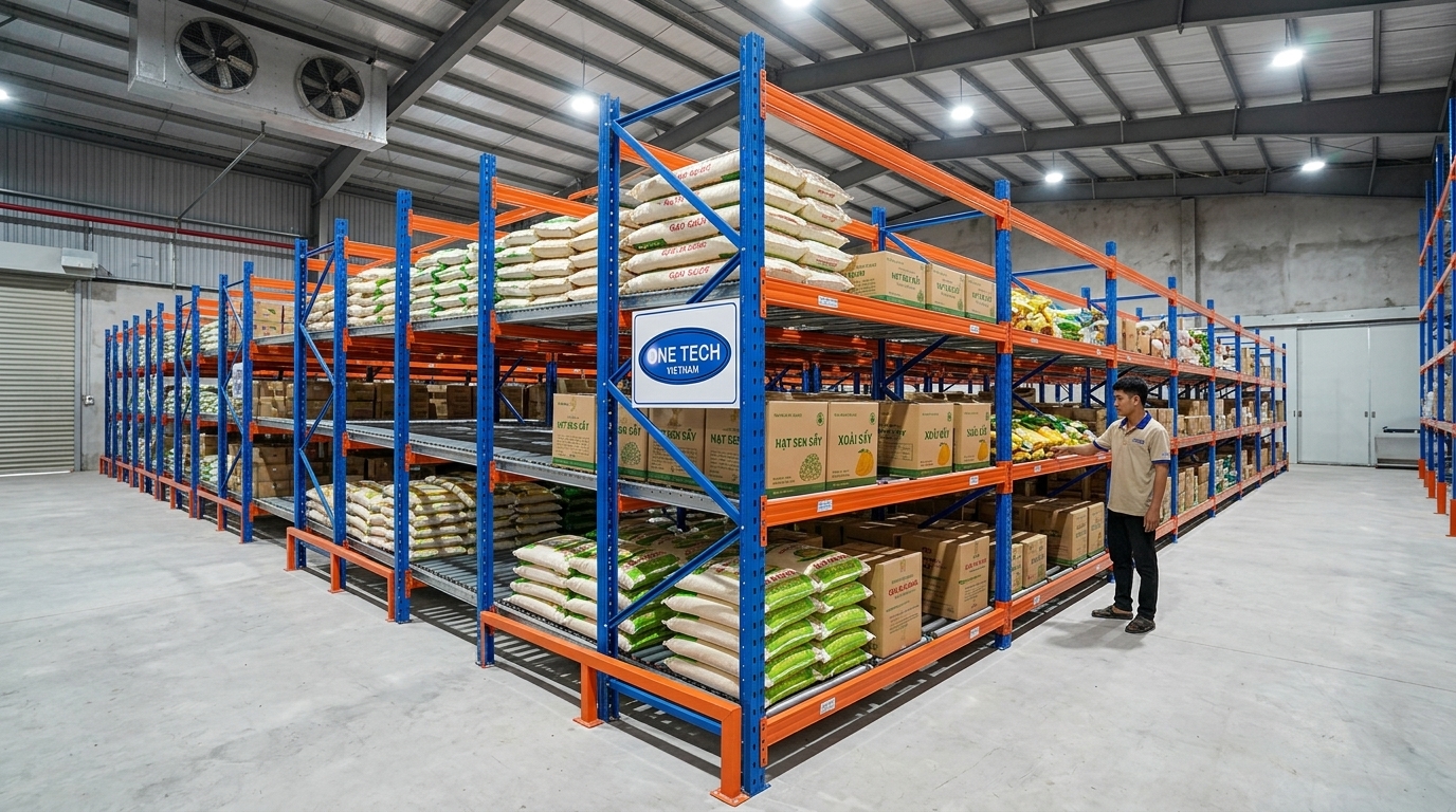 Kệ flowrack cho nông sản An Giang Kệ flowrack cho kho nông sản đóng gói tại An Giang chống ẩm và luân chuyển FIFO