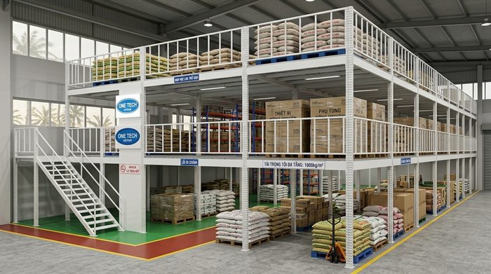 Kệ sàn mezzanine An Giang cho kho nông sản tận dụng chiều cao