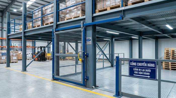 Cổng chuyển hàng trên hệ kệ sàn mezzanine
