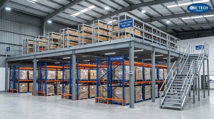 Kết hợp nhiều loại kệ trên sàn mezzanine cho kho hàng