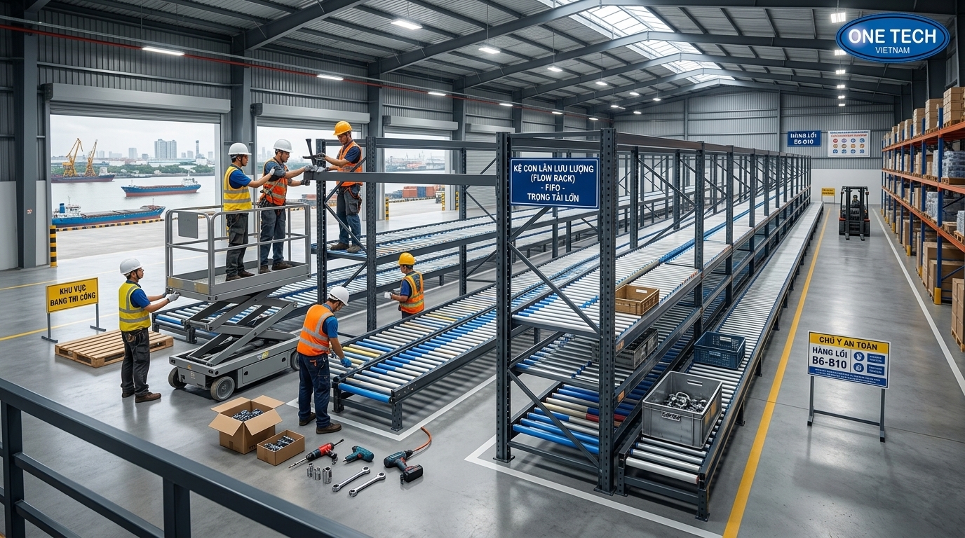 Lắp đặt kệ Flow racks tại kho An Giang Lắp đặt kệ Flow racks An Giang theo mặt bằng kho thực tế