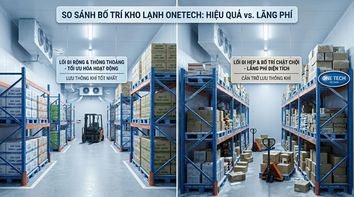 So sánh bố trí kệ kho lạnh tối ưu và bố trí gây lãng phí diện tích