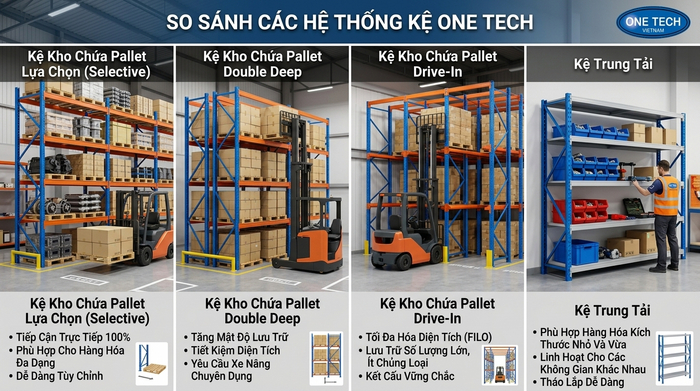 So sánh các loại kệ pallet So sánh các loại kệ pallet Selective Double Deep Drive In và kệ trung tải
