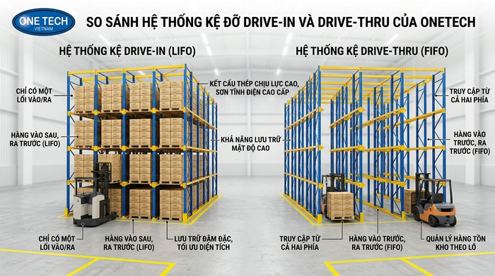 Kệ drive in và drive thru khác nhau trong vận hành kho So sánh kệ drive in và drive thru trong kho pallet