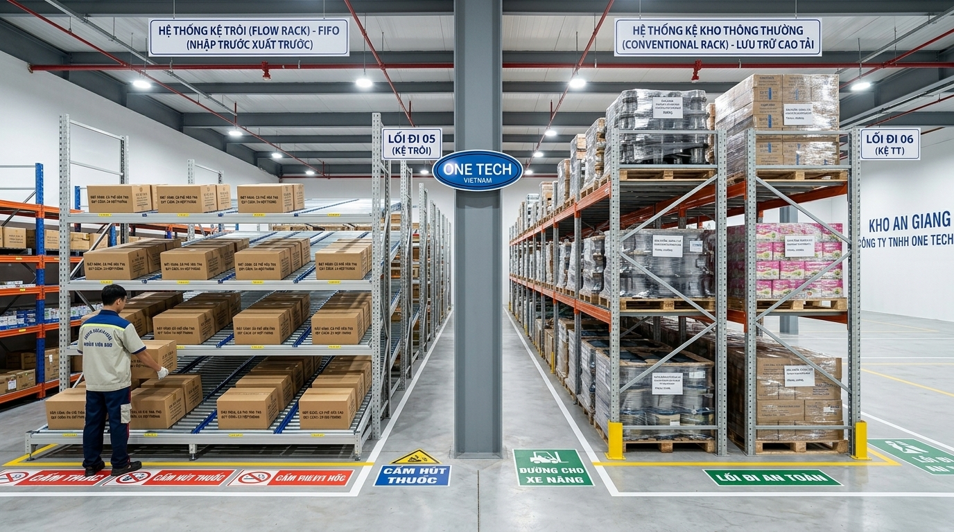 So sánh kệ flowrack và kệ kho thông thường So sánh kệ flowrack và kệ kho thông thường cho kho An Giang