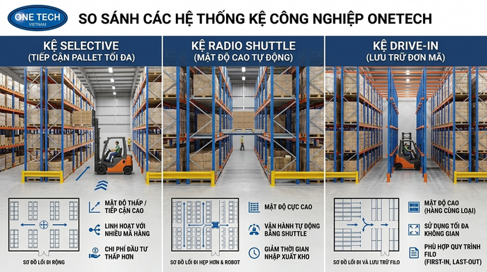So sánh kệ Radio Shuttle với kệ Selective và kệ Drive In cho kho An Giang