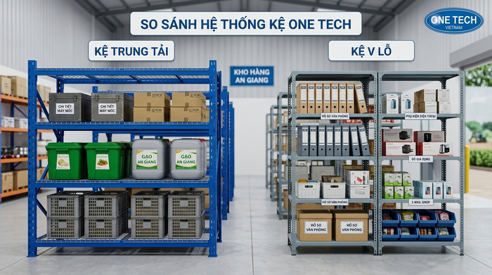 So sánh kệ trung tải và kệ sắt v lỗ đa năng cho kho An Giang So sánh kệ trung tải và kệ sắt v lỗ đa năng cho kho An Giang