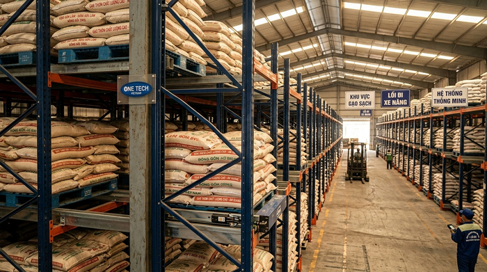 Ứng dụng kệ Radio Shuttle An Giang trong kho nông sản và gạo đóng pallet