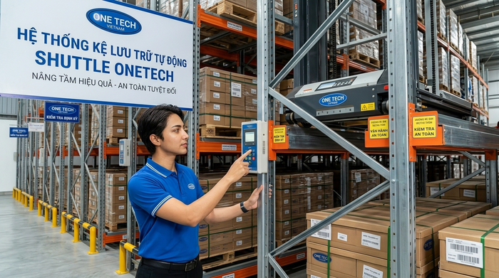 Nhân sự vận hành và bảo trì kệ Radio Shuttle An Giang trong kho pallet