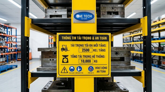 Biển tải trọng trên kệ khuôn giúp vận hành an toàn