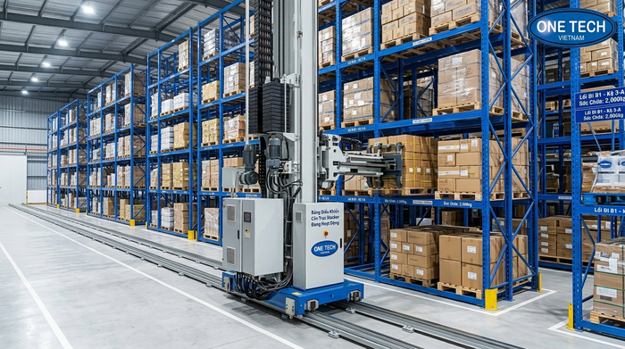 Cấu tạo Stacker-Crane gồm cột nâng, ray dẫn hướng, càng lấy hàng và tủ điều khiển