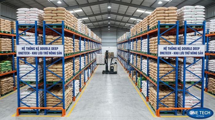 Kệ Double Deep trong kho pallet nông sản tại An Giang
