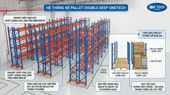 Sơ đồ cấu trúc kệ Double Deep An Giang lưu trữ pallet theo chiều sâu