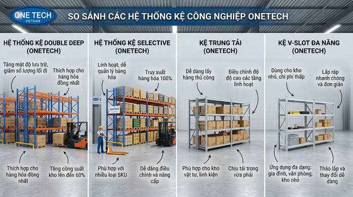 Bảng minh họa so sánh kệ Double Deep với các loại kệ kho khác tại An Giang