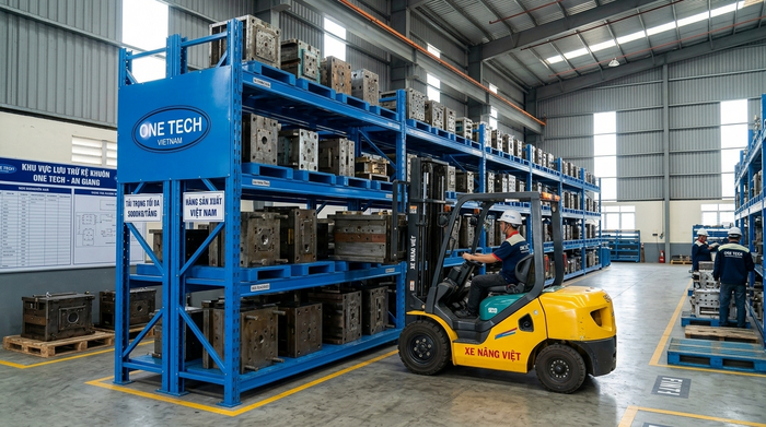 Kệ Khuôn An Giang trong kho công nghiệp có xe nâng di chuyển