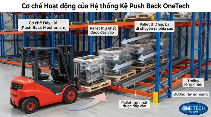 Nguyên lý hoạt động của Kệ Push Back An Giang trong kho pallet