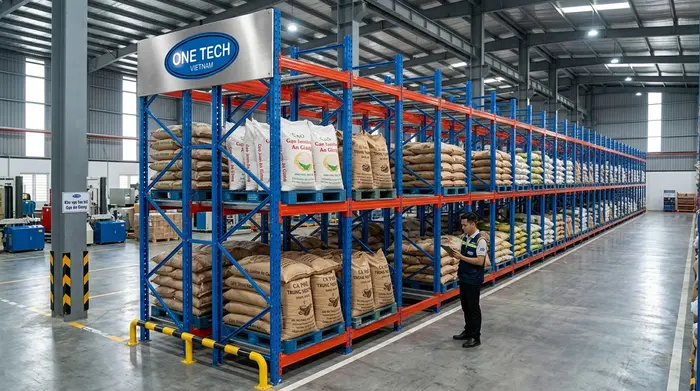 Kệ Push Back An Giang cho kho nông sản và hàng bao tải