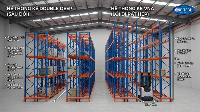 Giải pháp tăng mật độ lưu trữ So sánh kệ Double Deep và kệ VNA lối đi hẹp
