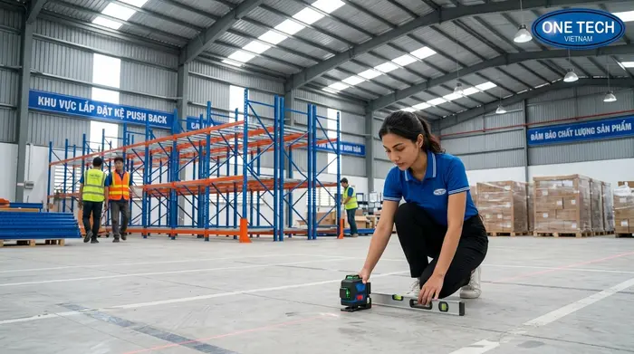 Kiểm tra nền kho trước khi lắp đặt Kệ Push Back An Giang