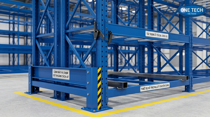 Phụ kiện an toàn cho kệ Double Deep An Giang gồm khóa beam bảo vệ chân trụ và thanh support