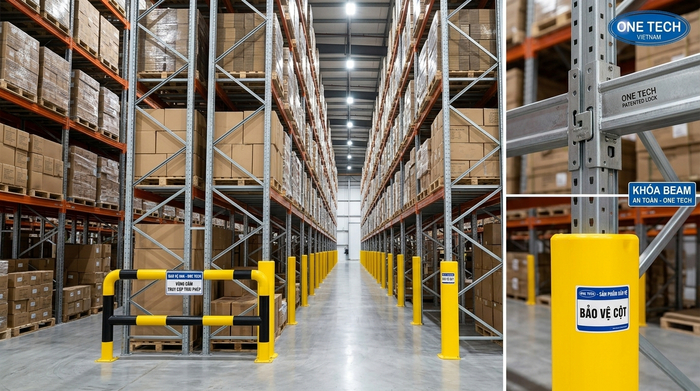 Phụ kiện an toàn cho kệ VNA gồm ốp chân trụ, rào chắn và khóa beam