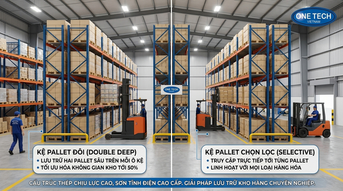 So sánh kệ Double Deep và kệ Selective trong kho pallet công nghiệp