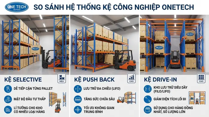 So sánh Kệ Push Back An Giang với kệ Selective và Drive In