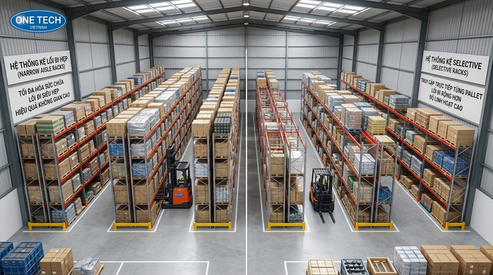 So sánh kệ selective và Kệ Narrow Aisle trong cùng diện tích kho