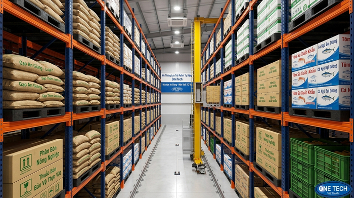Stacker-Crane An Giang vận hành trong kho cao tầng dùng kệ pallet