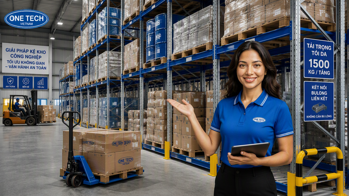 Xe nâng tay kết hợp kệ kho hàng tại An Giang