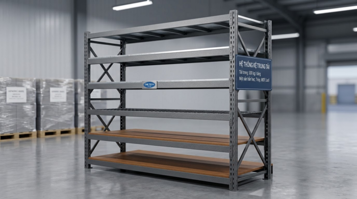 Cấu tạo kệ trung tải gồm chân trụ thanh beam mâm tầng và giằng chịu lực