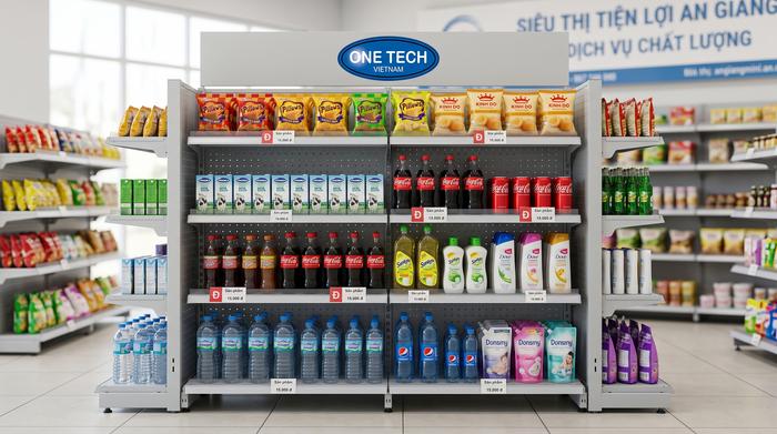 Kệ siêu thị tôn lỗ trưng bày hàng FMCG tại An Giang