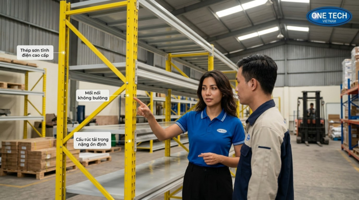Đội kỹ thuật lắp đặt kệ trung tải tại kho hàng An Giang
