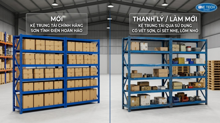 So sánh kệ trung tải mới và kệ thanh lý cho kho hàng An Giang